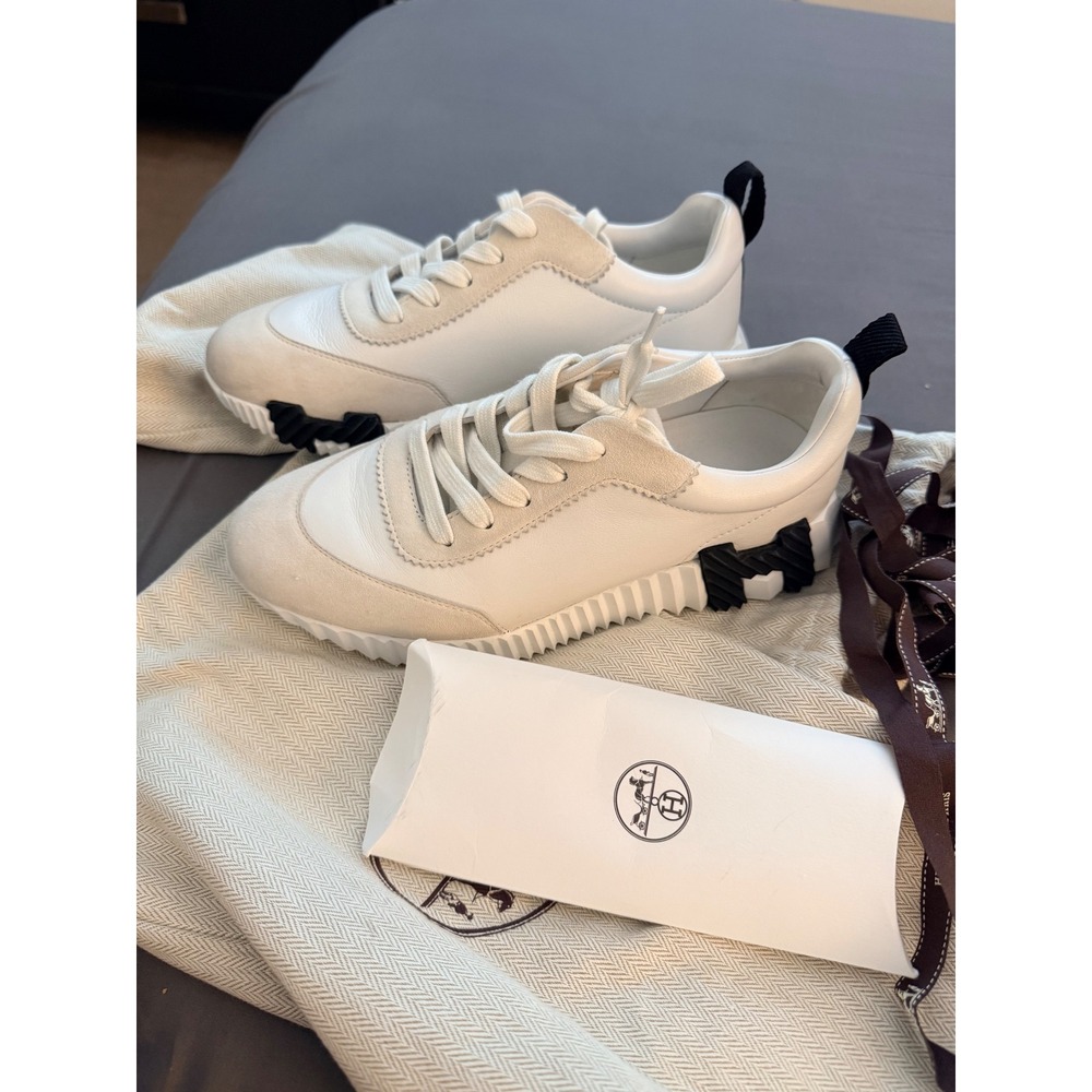 Hermes Bouncing Sneakers White Leather Suede Low Top H Logo Made in Italy 35